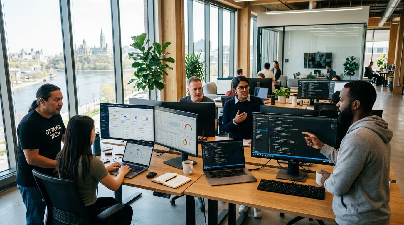 A small technical team working on a client's technology setup