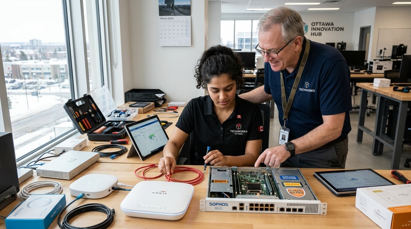A supervisor guiding an emerging professional through a network equipment setup