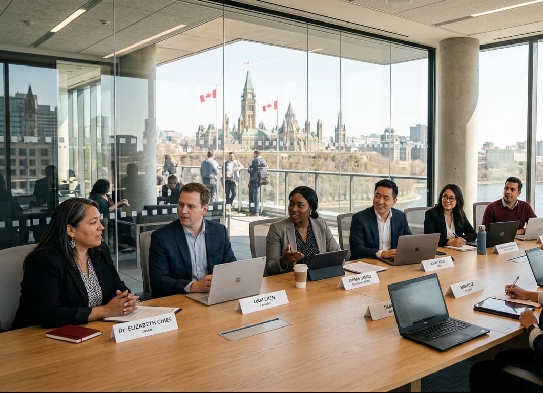 Representatives of Ottawa organizations around a meeting table, with Parliament Hill through the windows